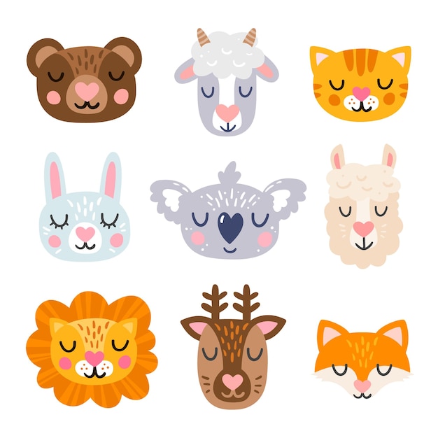 Vector cute animal face heads icon set with hearts on the nose.