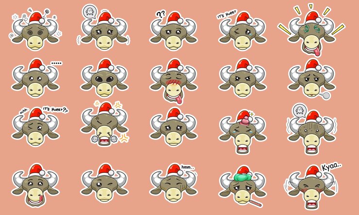 Vector cute animal face vector cartoon sticker pack with santa hat bull head character mascot