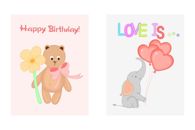 Vector cute animal faces postcards with teddy and elephant vector illustration