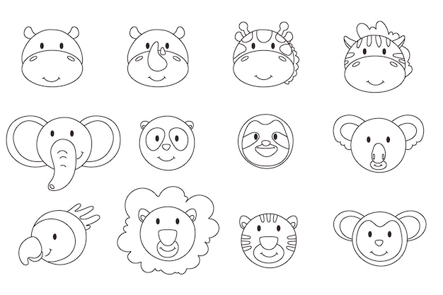 Vector cute animal faces set hand drawn characters lion giraffe elephant turtle zebra parrot hippo monkey sloth rhino panda tiger panda toucan heads wild animal