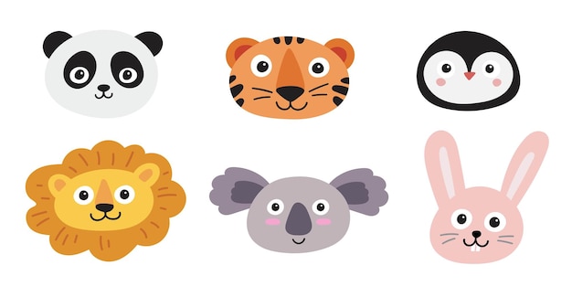 Cute animal faces set