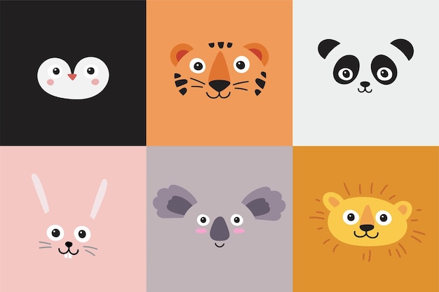 Cute animal faces set