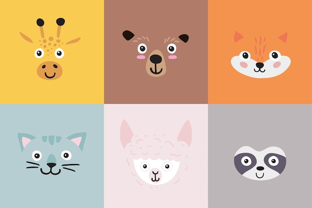 Cute animal faces set