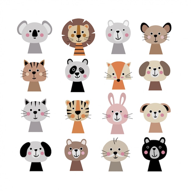 Cute animal faces set