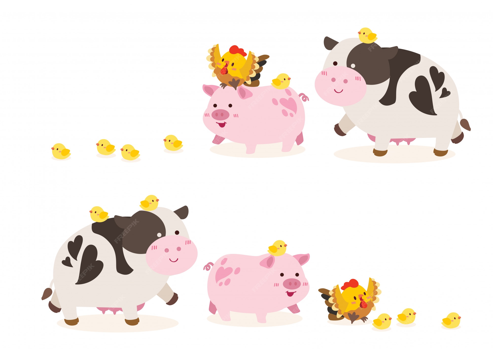 かわいい動物農場 牛 豚 鶏のイラスト プレミアムベクター