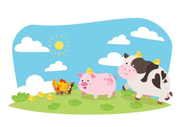 Cute animal farm; cow, pig, chicken illustration