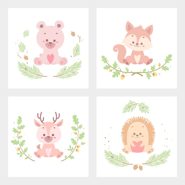 Cute animal flower card vector illustration isolated