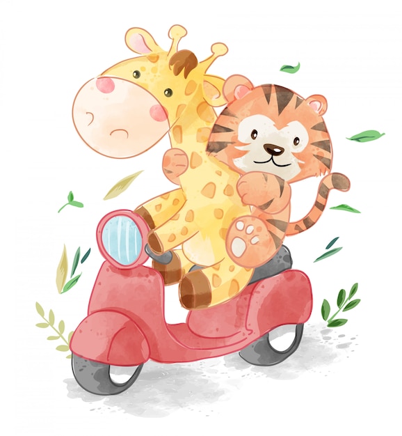 cute animal friends riding scooter illustration