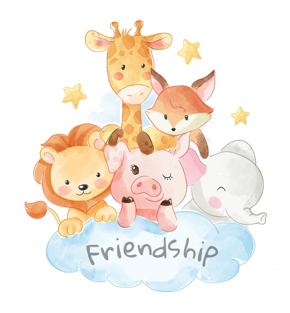 Vector cute animal frienship illustration