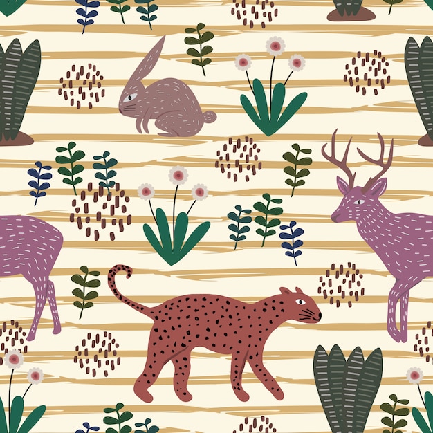 Cute animal hand drawn pattern with seamless colorful cheetah, rabbit, and moose deer