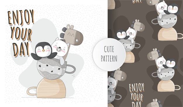  cute animal happy playing pattern set