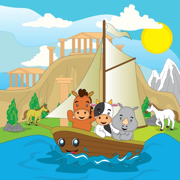 cute animal illustration, horse, cow and rhino sailing on the river with greek temple view, vector