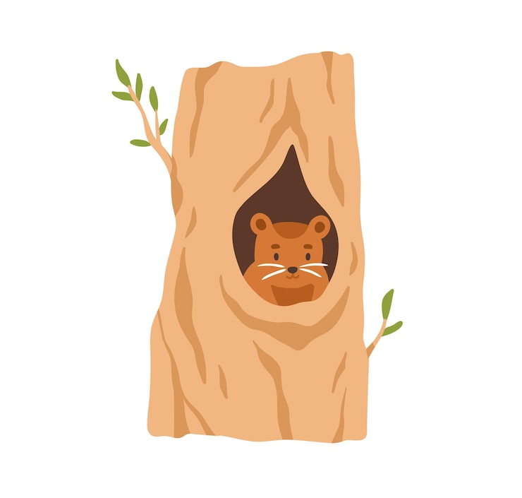 Vector cute animal inside tree hole. forest groundhog in woods shelter, trunk hollow. small funny adorable rodent woodchuk peeking out of house. flat vector illustration isolated on white background