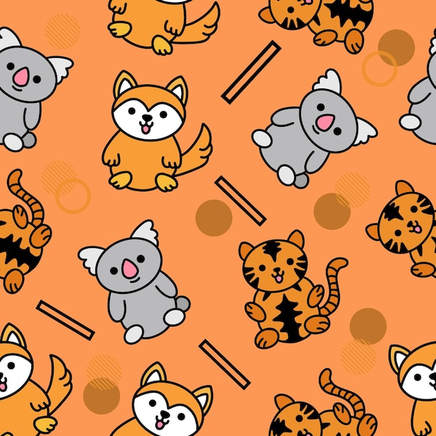 Simpatico animale koala tiger fox seamless pattern doodle per bambini e neonati