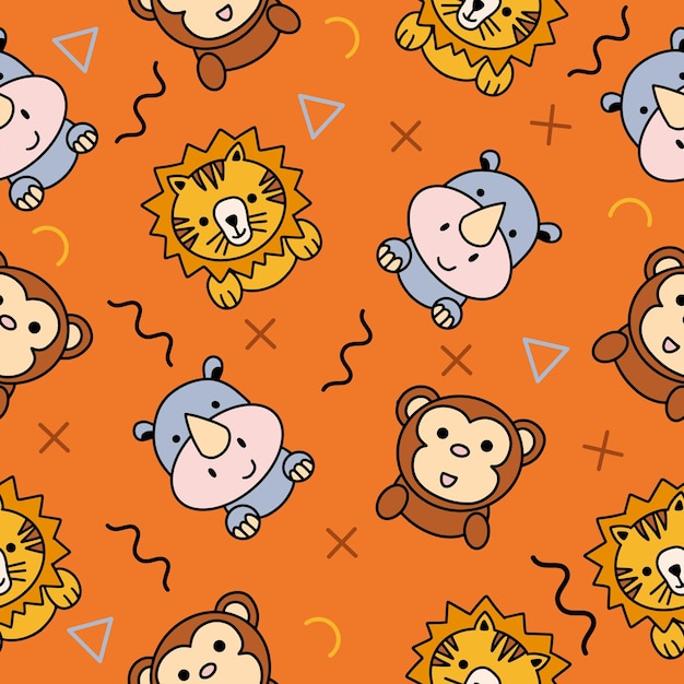 Cute Animal Lion Rhino and Monkey Seamless Pattern doodle for Kids and baby