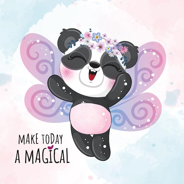 Cute animal little angel panda illustration- cute animal watercolor panda character