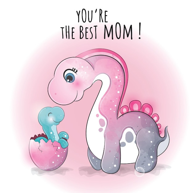 Cute animal little dinosaurs with mom illustration cute animal watercolor character