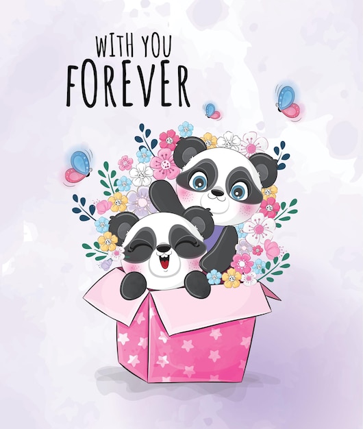 Cute animal little lovely panda illustration- Cute animal watercolor panda character