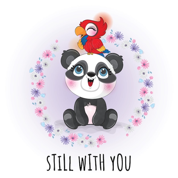 Cute animal little panda with red bird illustration- cute animal watercolor panda character