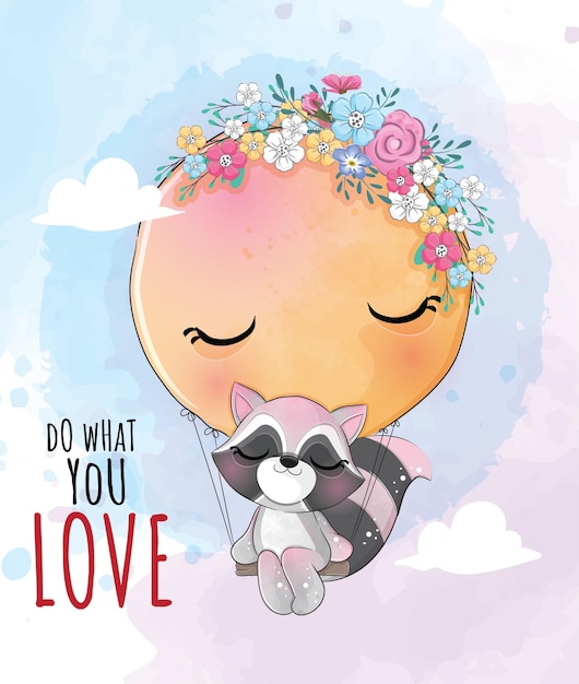 달 그림에 꽃과 함께 귀여운 동물 작은 너구리 - 귀여운 동물 수채화 팬더 캐릭터