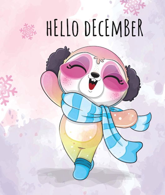 Vector cute animal little sloth happy december night illustration - happy winter watercolor