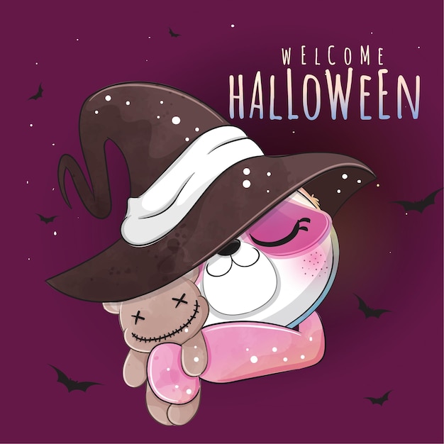 Cute animal little sloth with witch hat Halloween illustration - Cute animal watercolor sloth