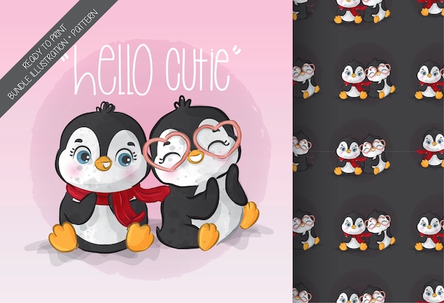 Vector cute animal lovely baby penguin seamless pattern