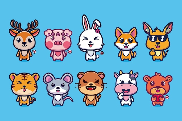 Cute animal mascot cartoon collection premium vector