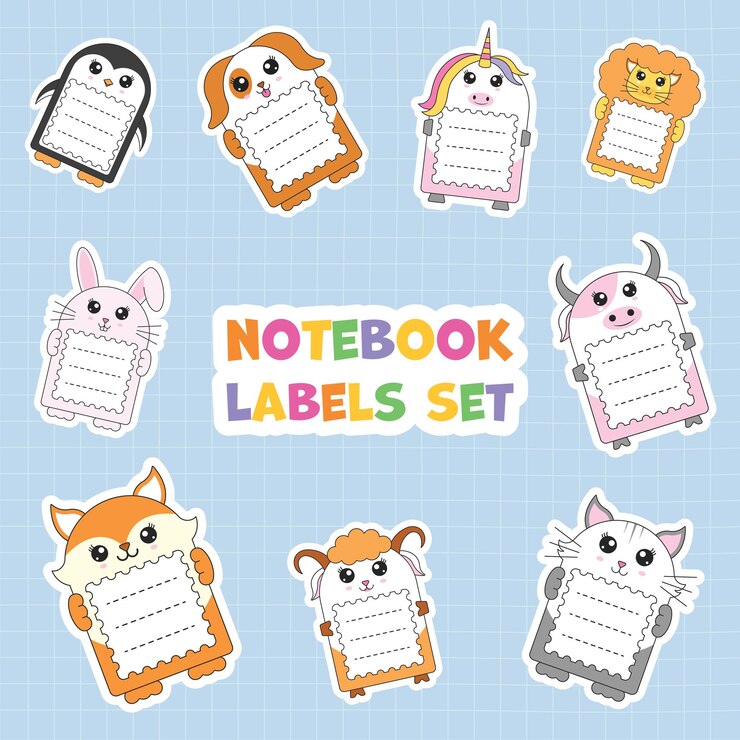 Vector cute animal notebook label set on blue checkered background
