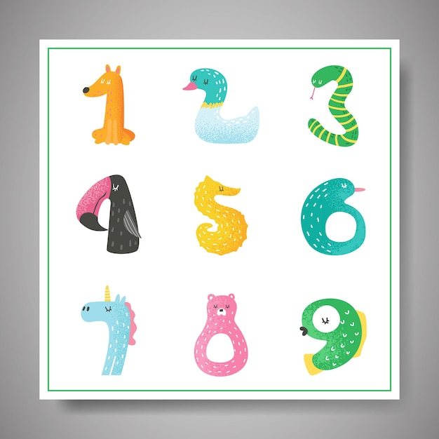 Vector cute animal numbers from 1 to 9 hand drawn vector illustration for nursery poster, baby invitation card, stickers, flyer, greetings, wall art