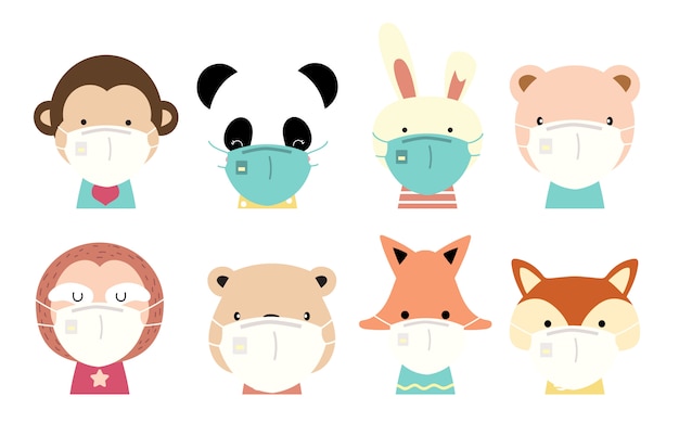 Collezione di oggetti animali carini con maschera di usura giraffa, volpe, panda, scimmia, coniglio, bradipo, orso. illustrazione per prevenire la diffusione di batteri, coronvirus