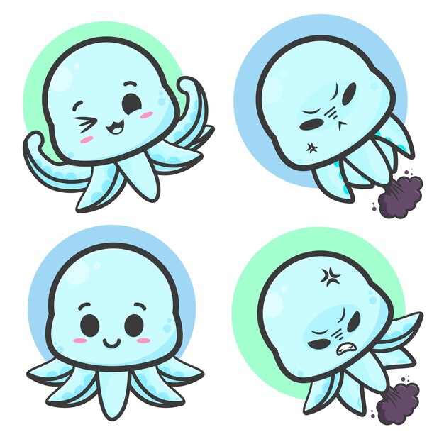 かわいい動物のタコの絵文字イラストセット プレミアムベクター