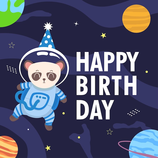 Vector cute animal panda astronaut in outer space congratulation happy birthday