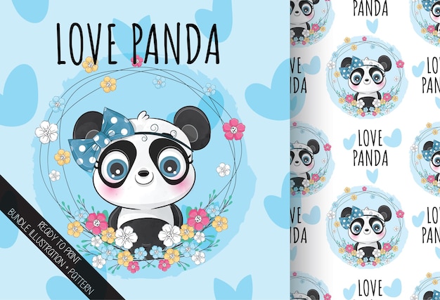 Vettore simpatico panda animale con illustrazione di fiori illustrazione di sfondo