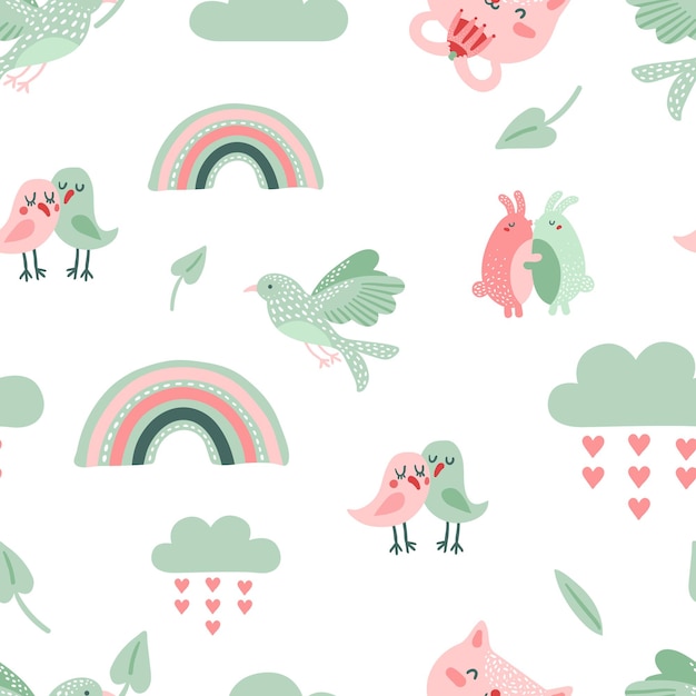 Cute animal pattern. dove, birds and cat.