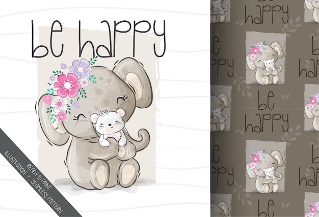 Cute animal pretty elephant with seamless pattern