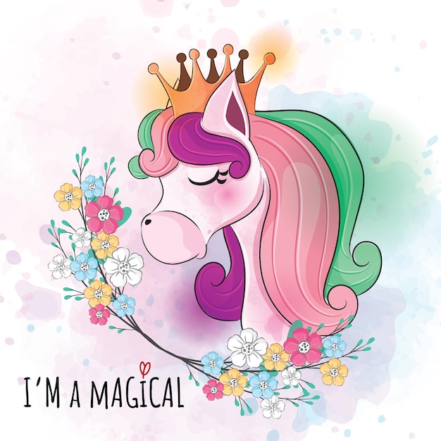 Simpatico animale carino principessa unicorno con fiori illustrazione simpatico personaggio acquerello animale