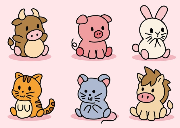 Cute animal set cow, pig, rabbit, cat, mouse, horse line art cartoon