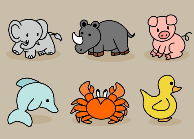 귀여운 동물 세트 코끼리, 코끼리, 코뿔소, 돼지, 돌고래, 게, 오리 라인 아트 만화