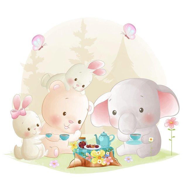 Carino animale tea party illustrazione amici del bosco che hanno un picnic