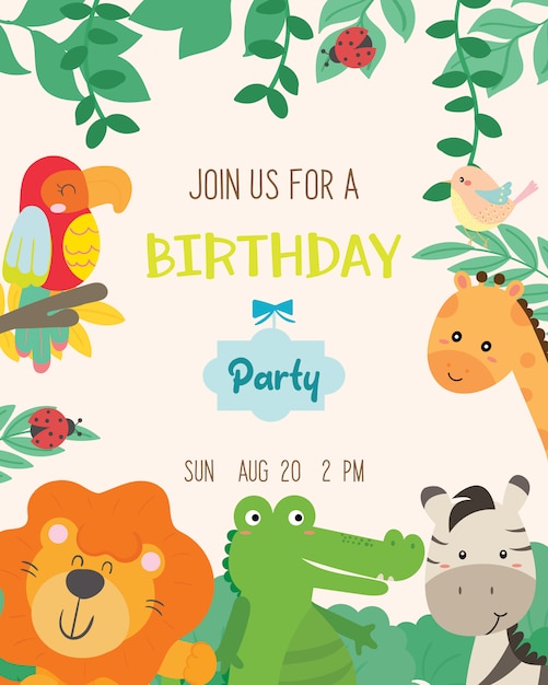 귀여운 동물 테마 생일 파티 초대장 카드 벡터.