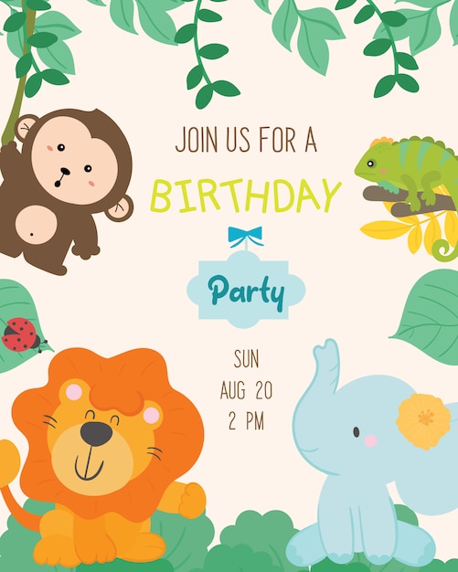 Cute animal theme birthday party invitation card vector.