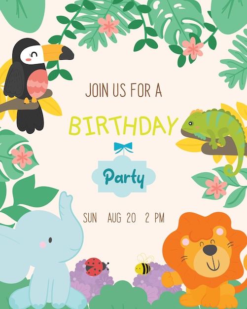 Vector cute animal theme birthday party invitation card vector.