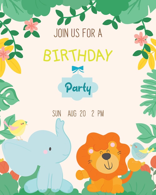 Cute animal theme birthday party invitation card vector.