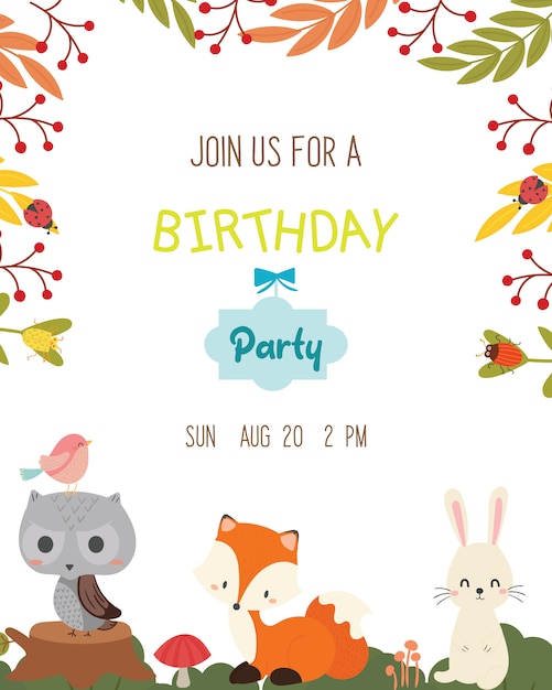 Cute animal theme birthday party invitation card vector.