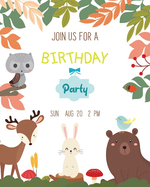 Cute animal theme birthday party invitation card vector.