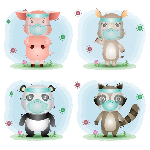 Cute animal using face shield and mask : pig, rhino, panda and raccoon