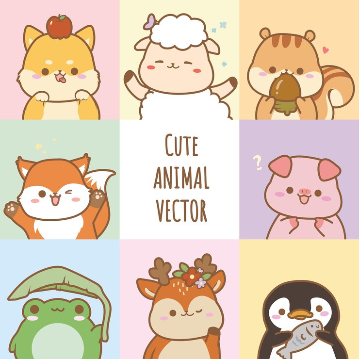 Vector かわいい動物のベクトル芝羊リスキツネ豚カエル鹿ペンギンかわいいイラスト