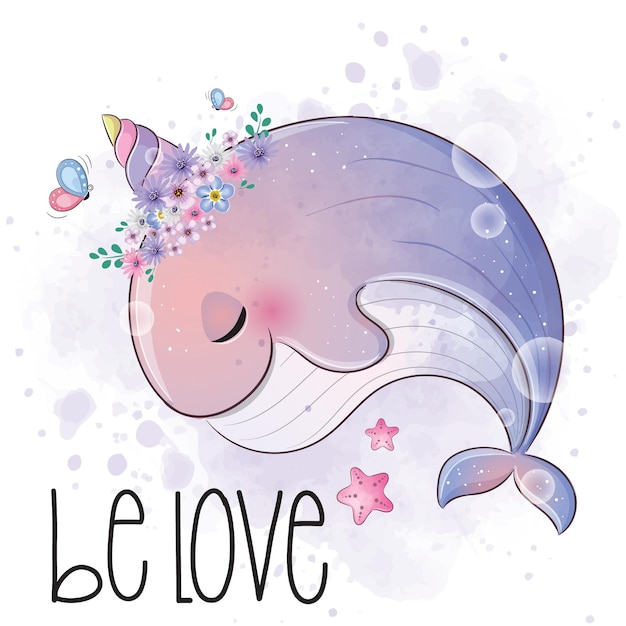 Vector cute animal whale unicorn illustrationillustration of background