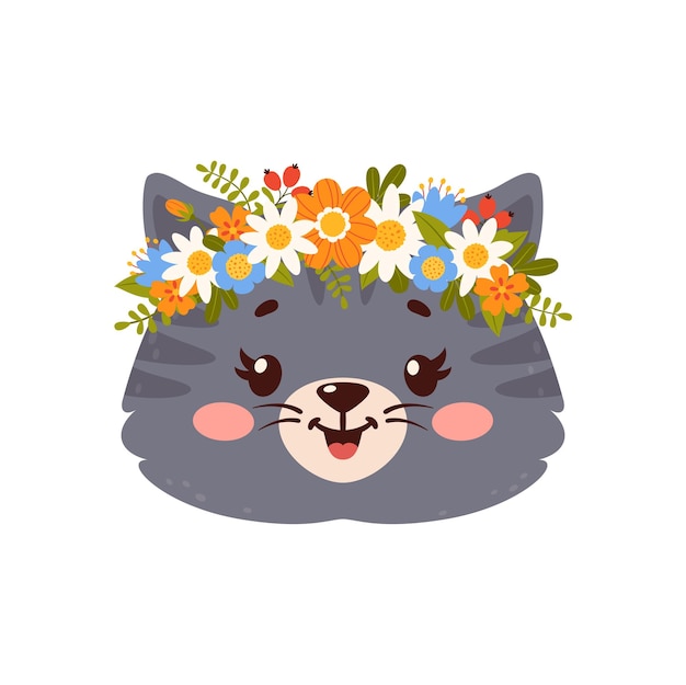 Cute animal with flower crown cartoon face of cat